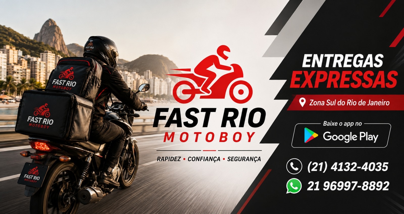 Motoboy da Fast Rio Motoboy com baús da empresa na orla do Rio de Janeiro. Fast Rio Motoboy, entregas expressas com rapidez, confiança e segurança na Zona Sul do Rio.